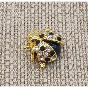 Vintage Ladybug Brooch Pin Gold Tone Black Colorless Rhinestones Beetle Bug Cute